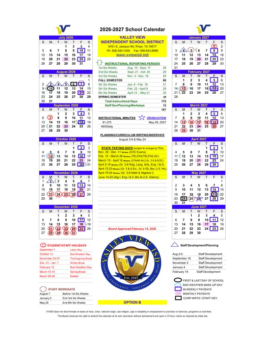Valley View Independent School District 2026–2027 Academic Calendar