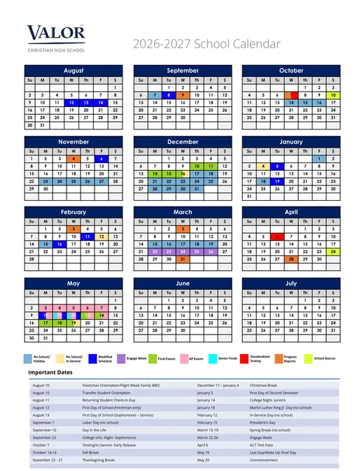 Valor Christian High School 2026–2027 Academic Calendar