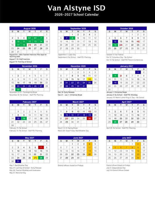 Van Alstyne ISD 2026–2027 Academic Calendar