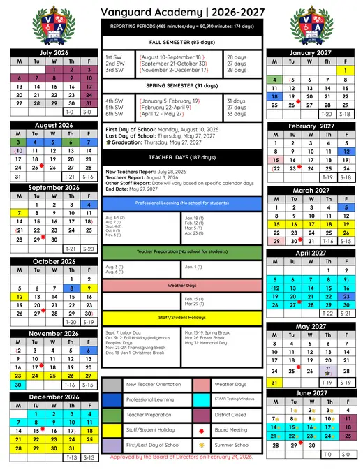Vanguard Academy 2026–2027 Academic Calendar