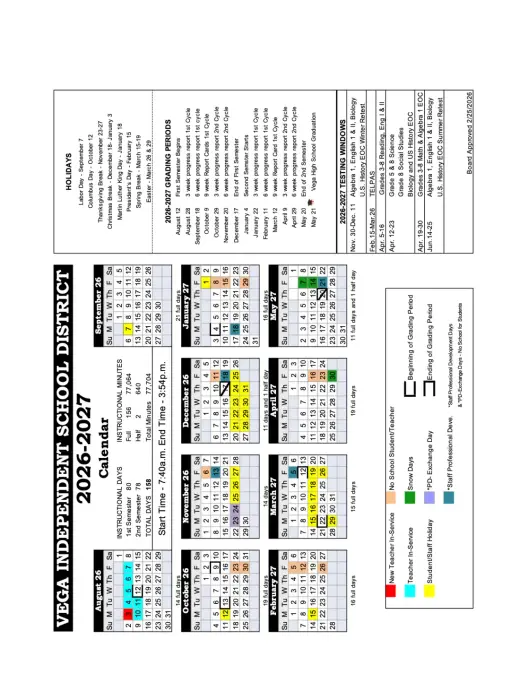 Vega ISD 2026–2027 Academic Calendar Page 1