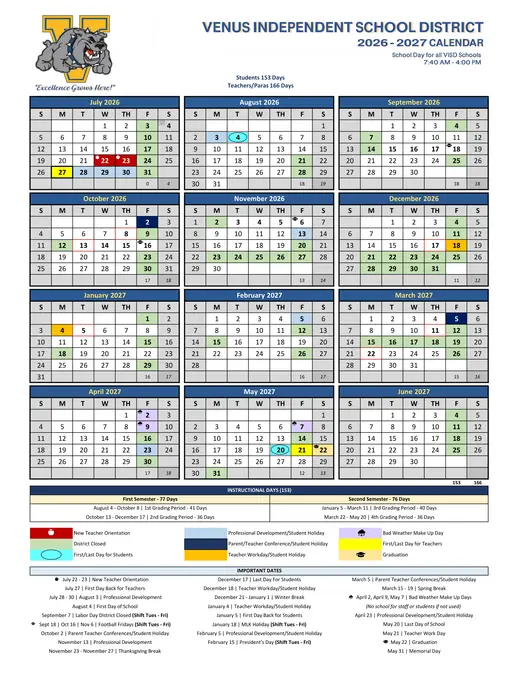 Venus ISD 2026–2027 Academic Calendar