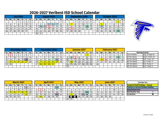 Veribest ISD 2026–2027 Academic Calendar Page 1