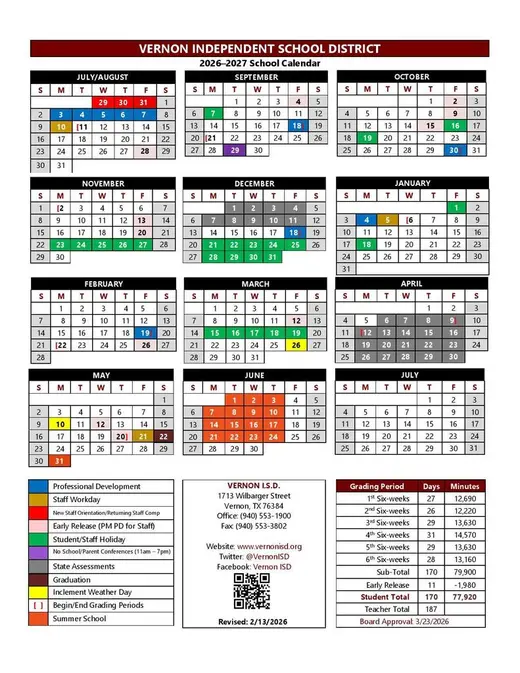 Vernon Independent School District 2026–2027 Academic Calendar Page 1
