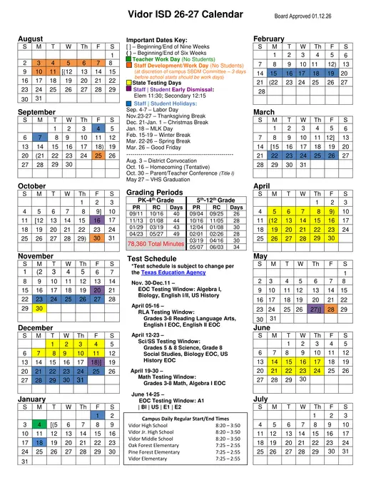 Vidor ISD 2026–2027 Academic Calendar