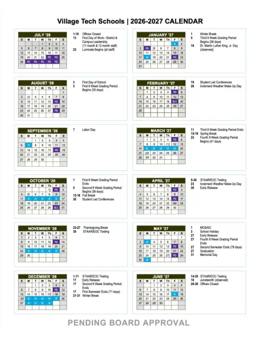 Village Tech Schools 2026–2027 Academic Calendar Page 1