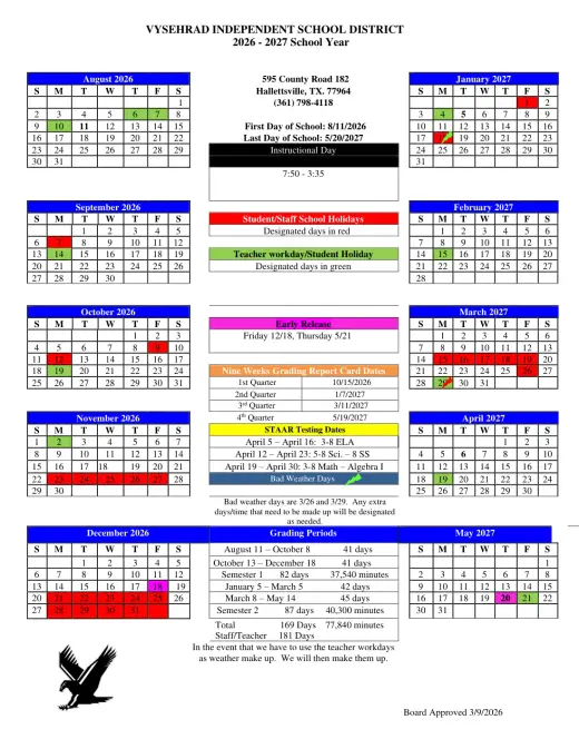 Vysehrad ISD 2026–2027 Academic Calendar Page 2