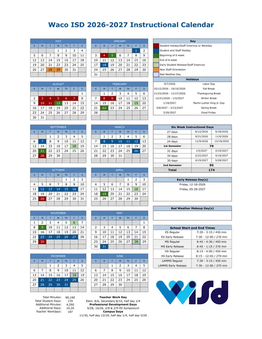 Waco ISD 2026–2027 Academic Calendar