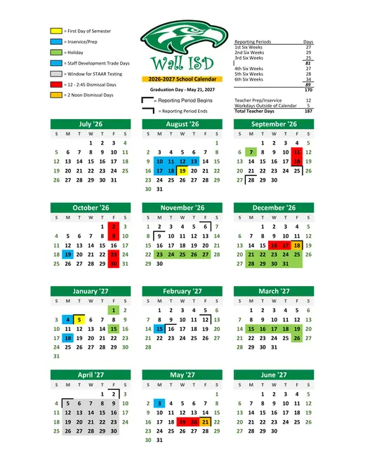 Wall ISD 2026–2027 Academic Calendar
