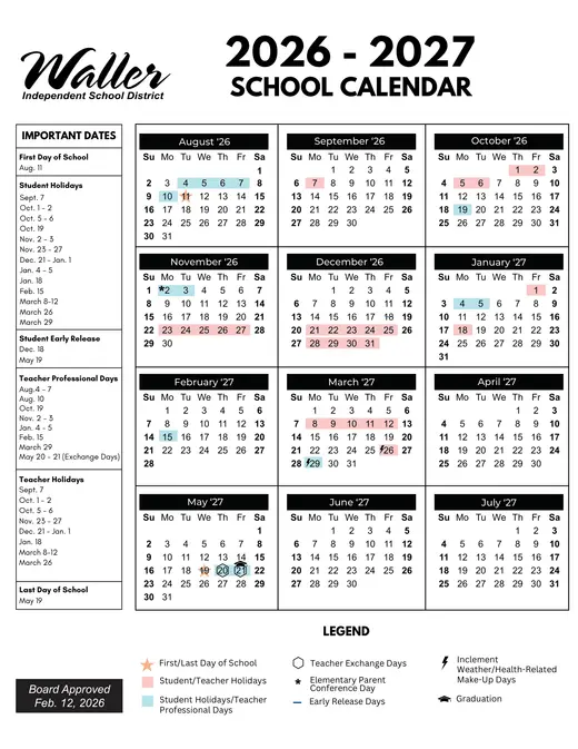 Waller Independent School District 2026–2027 Academic Calendar
