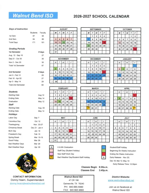 Walnut Bend ISD 2026–2027 Academic Calendar Page 1