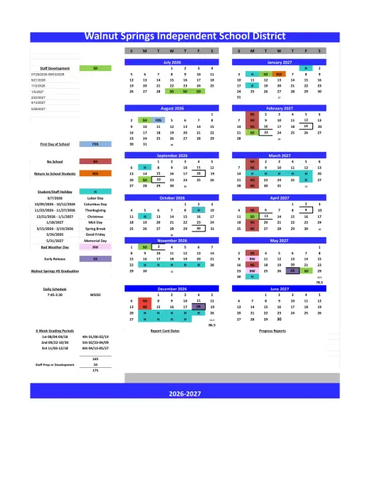 Walnut Springs ISD 2026–2027 Academic Calendar Page 1