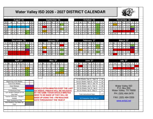Water Valley ISD 2026–2027 Academic Calendar Page 1