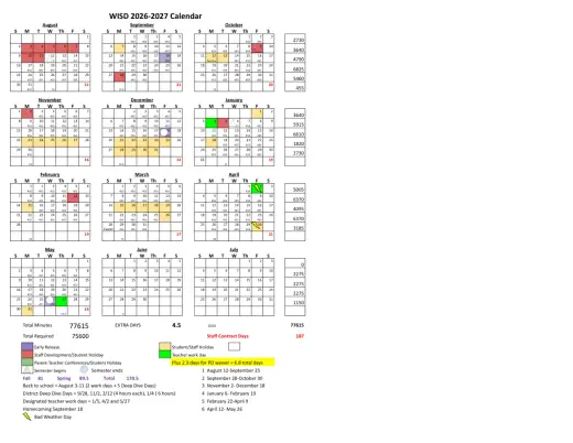 Waxahachie ISD 2026–2027 Academic Calendar Page 1
