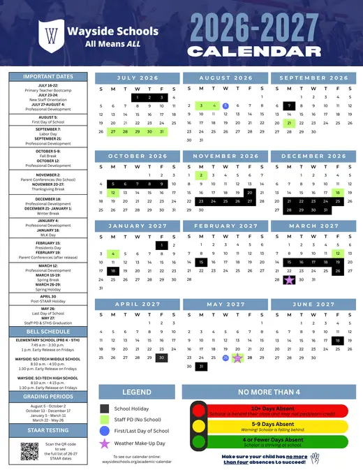 Wayside Schools 2026–2027 Academic Calendar