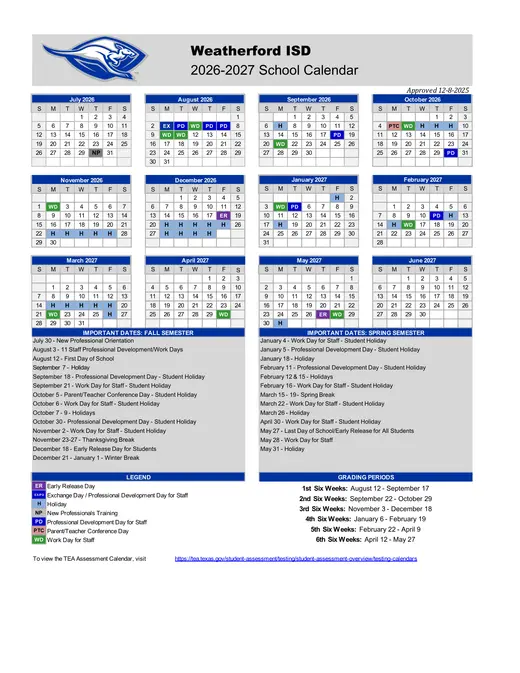 Weatherford ISD 2026–2027 Academic Calendar