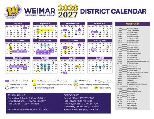 Weimar ISD 2026–2027 Academic Calendar Page 1