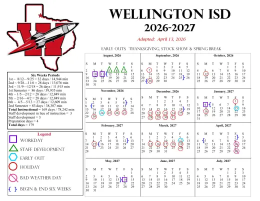 Wellington ISD 2026–2027 Academic Calendar Page 1