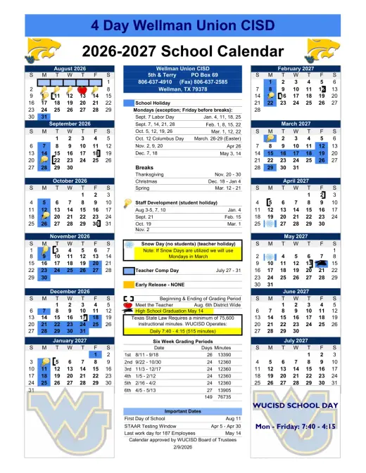 Wellman-Union CISD 2026–2027 Academic Calendar Page 1