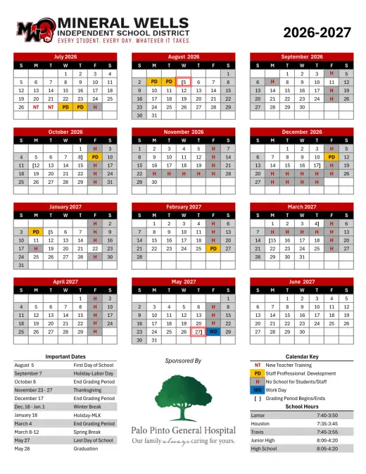 Wells ISD 2026–2027 Academic Calendar Page 1