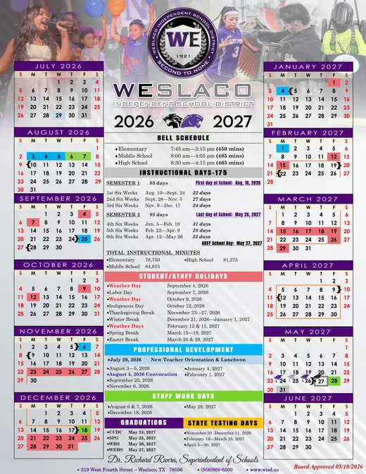 Weslaco Independent School District 2026–2027 Academic Calendar