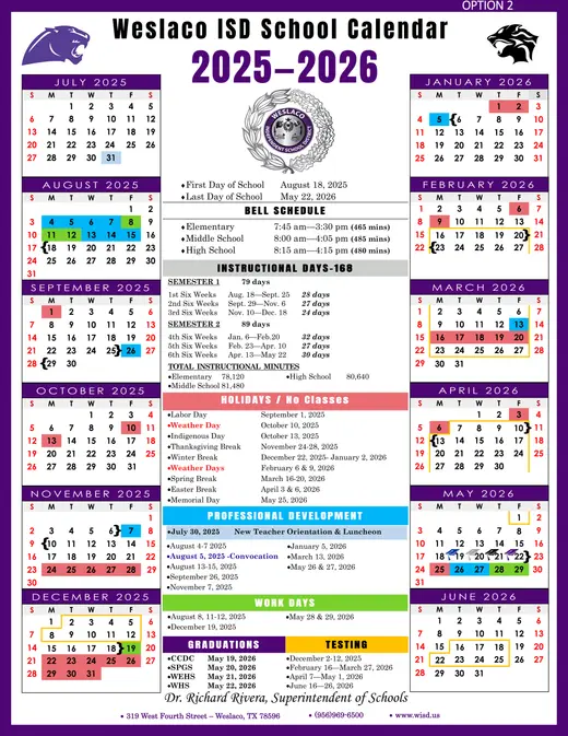 Weslaco ISD 2025–2026 Academic Calendar
