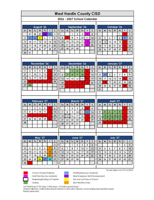 West Hardin County CISD 2026–2027 Academic Calendar Page 1