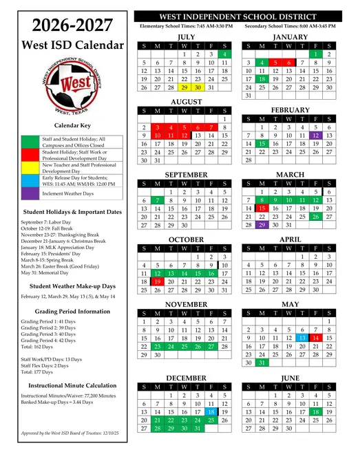West Independent School District 2026–2027 Academic Calendar