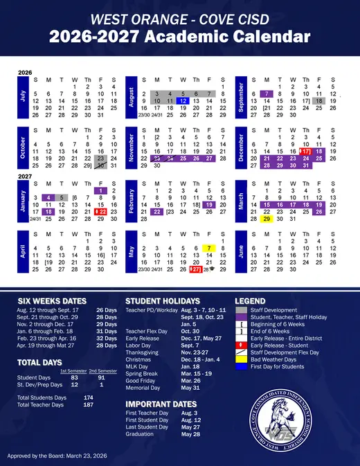 West Orange - Cove CISD 2026–2027 Academic Calendar Page 1