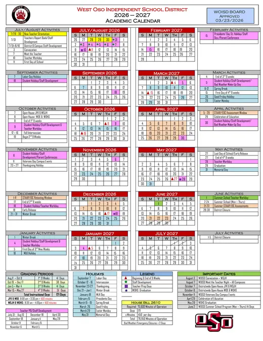 West Oso Independent School District 2026–2027 Academic Calendar
