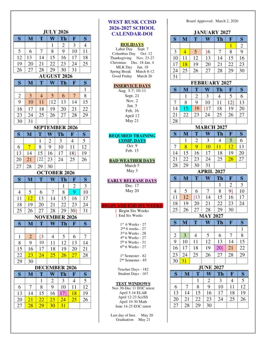 West Rusk County Consolidated ISD 2026–2027 Academic Calendar Page 1