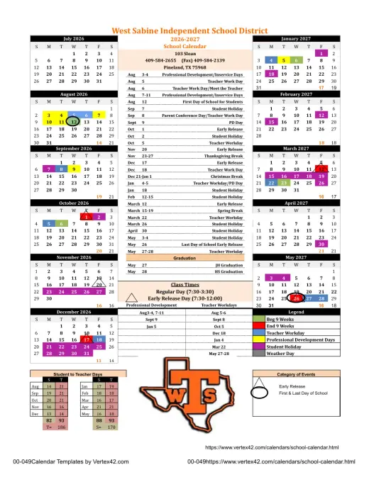 West Sabine ISD 2026–2027 Academic Calendar Page 1