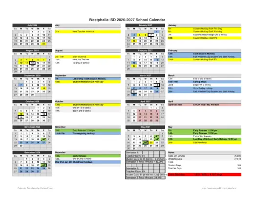 Westphalia ISD 2026–2027 Academic Calendar Page 1