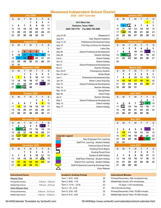 Westwood Independent School District 2026–2027 Academic Calendar