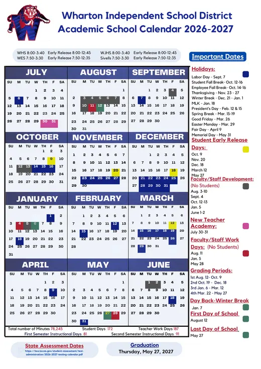 Wharton Independent School District 2026–2027 Academic Calendar