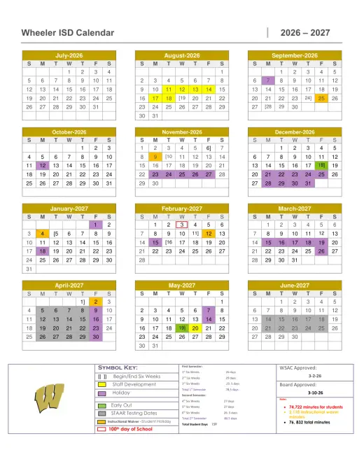 Wheeler ISD 2026–2027 Academic Calendar Page 2