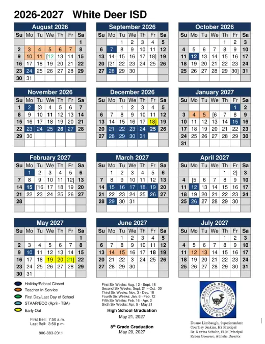 White Deer ISD 2026–2027 Academic Calendar Page 1