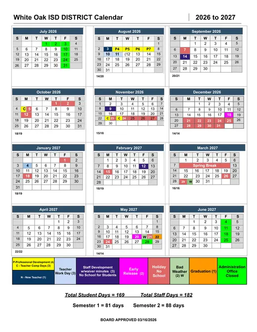White Oak ISD DISTRICT 2026–2027 Academic Calendar