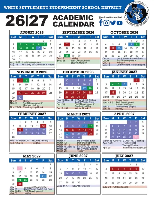 White Settlement Independent School District 2026–2027 Academic Calendar