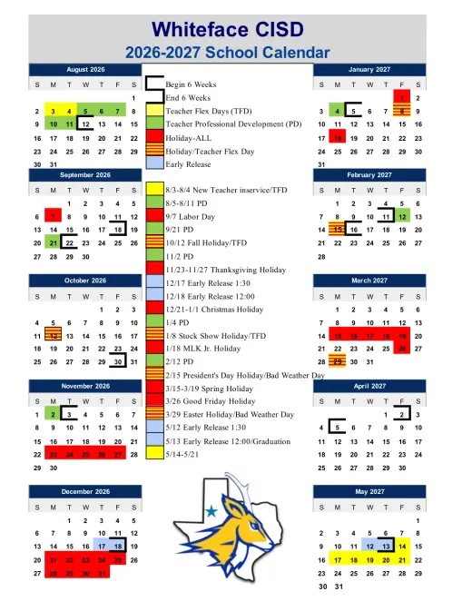 Whiteface CISD 2026–2027 Academic Calendar Page 1