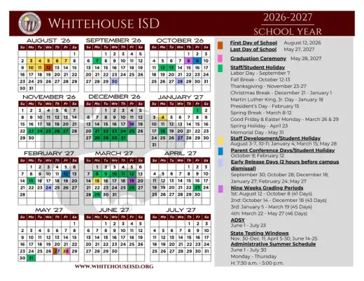 Whitehouse ISD 2026–2027 Academic Calendar Page 1