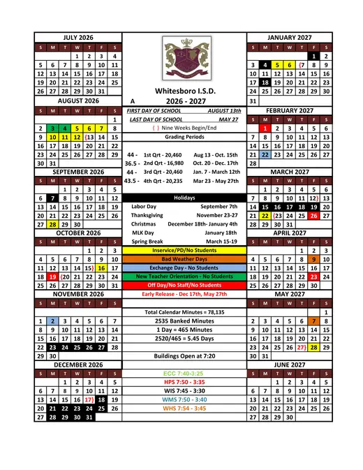 Whitesboro I.S.D 2026–2027 Academic Calendar