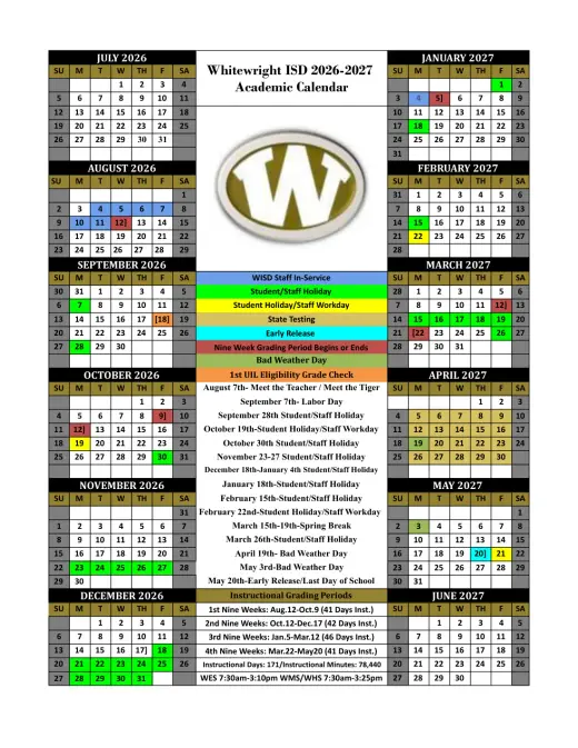Whitewright ISD 2026–2027 Academic Calendar Page 1