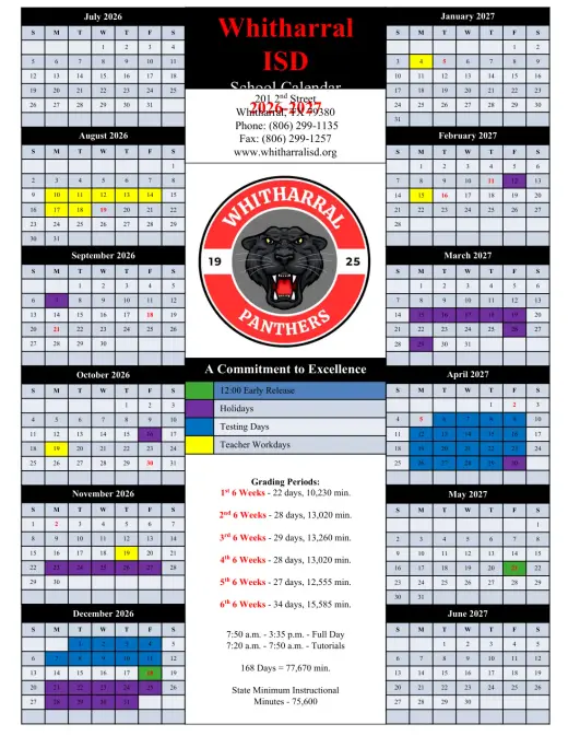 Whitharral ISD 2026–2027 Academic Calendar Page 1