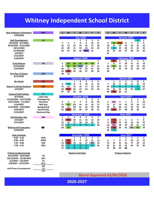 Whitney Independent School District 2026–2027 Academic Calendar