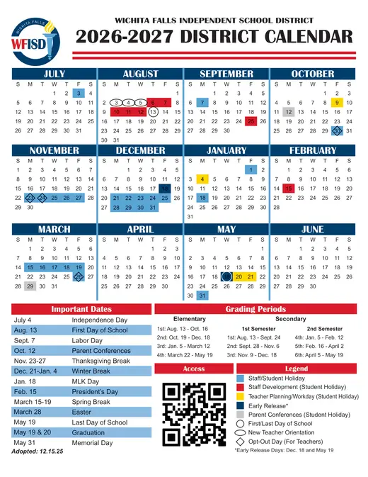 Wichita Falls Independent School District 2026–2027 Academic Calendar