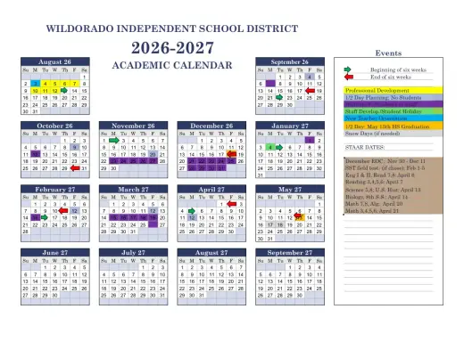 Wildorado ISD 2026–2027 Academic Calendar Page 1