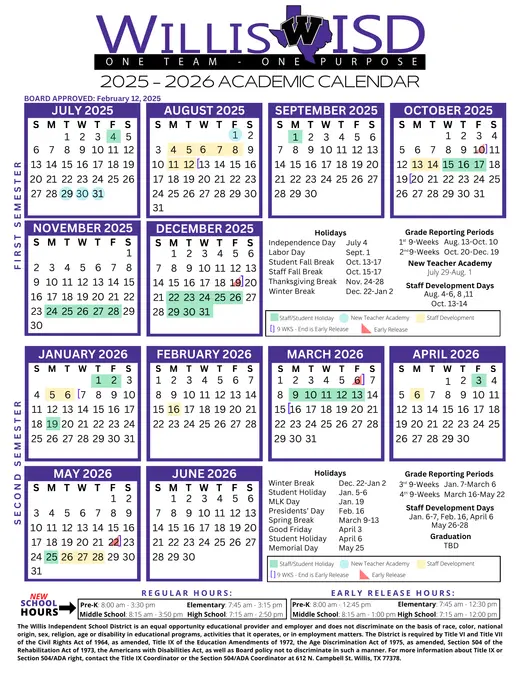 Willis ISD 2025–2026 Academic Calendar Page 3