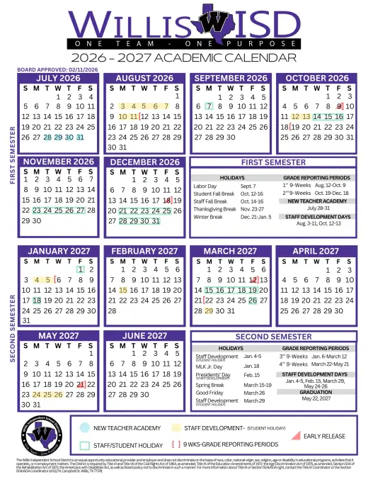 Willis ISD 2025–2026 Academic Calendar Page 4