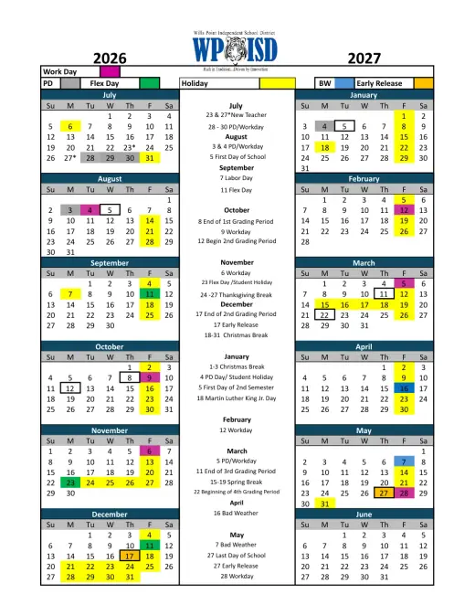 Wills Point ISD 2026–2027 Academic Calendar Page 2